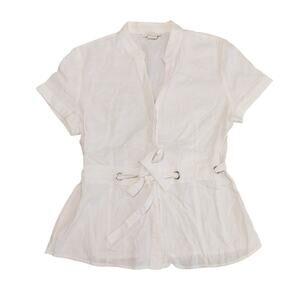 Tweeds Linen Blend Waist Tie Blouse Short Sleeve White Womens Large Coastal